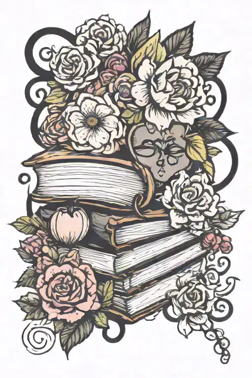 teacher inspirational books and flowers intertwined tattoo design idea