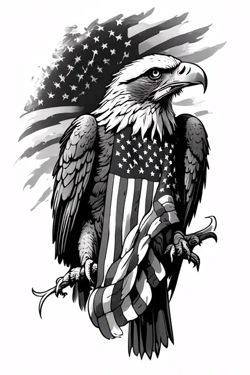 A patriotic tattoo featuring an eagle clutching the American flag in its talons, set against a black and grey background tattoo design idea