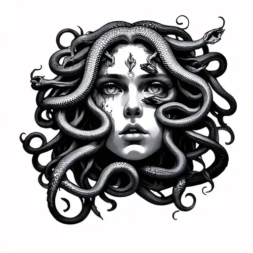 Medusa face with snakes make me a sleeve that's empowering the sorrow tattoo design idea