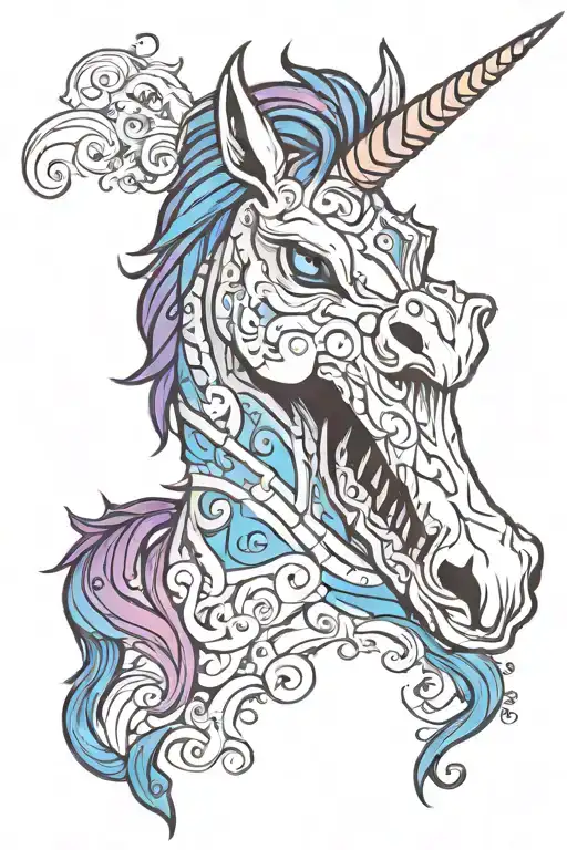 Evil unicorn, vivid rainbow eyed, contrasting with its dark body color, using deep black, deep purple and blue to shade  tattoo design idea