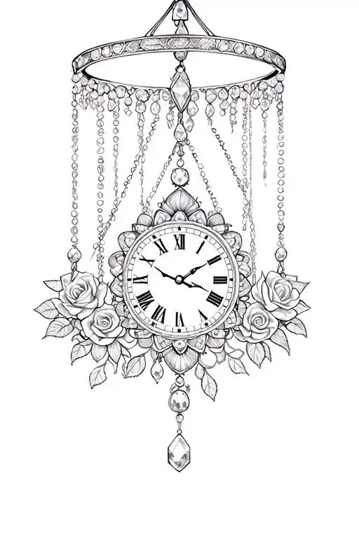 mandala design chandelier gem hanging loose by wrist, roses middle, clock on top tattoo design idea
