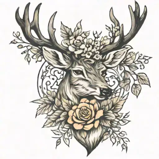 deer head with flowers intertwined within tattoo design idea