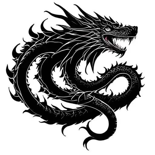 “Design a black ink tattoo of a mythical creature like a dragon or a snake, with a long and sinuous body tattoo design idea