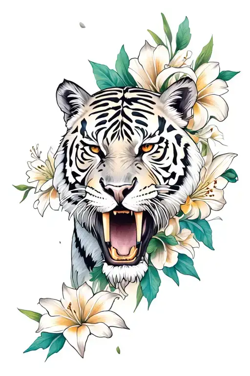 A sleeve tattoo for the left arm with a saber tooth tiger in the centre surrounded by a lilli flowers  tattoo design idea
