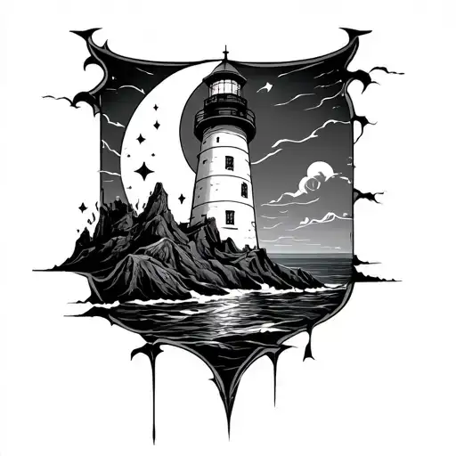 chaotic style lighthouse with crescent moon tattoo design idea