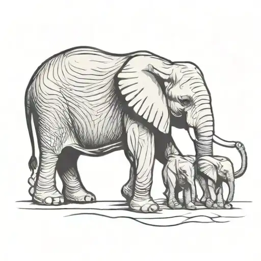 mama elephant with two baby elephants walking in a line holding tails and trunks tattoo design idea