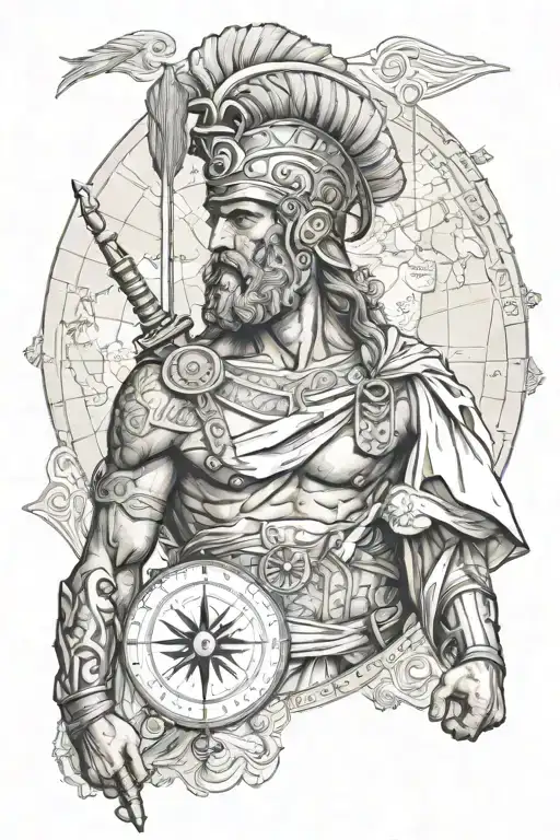 A Greek warrior with maps and compass tattoo design idea