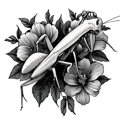 praying mantis eating a body with flower background  tattoo design idea