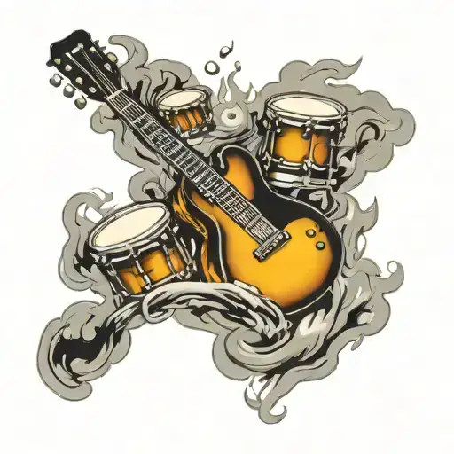 guitar and a drum kit with smoke forming the shape tattoo design idea