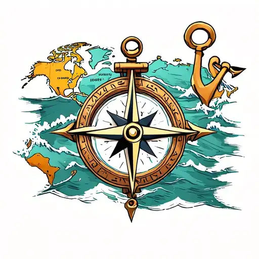 compass and anchor on map with waves crashing tattoo design idea