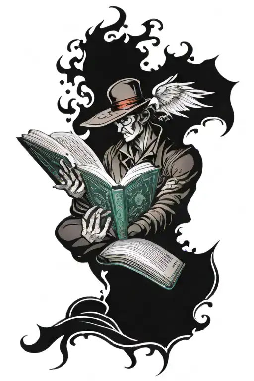 open book with hero emerging and fantasy background  tattoo design idea