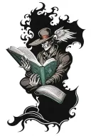 open book with hero emerging and fantasy background  tattoo design idea