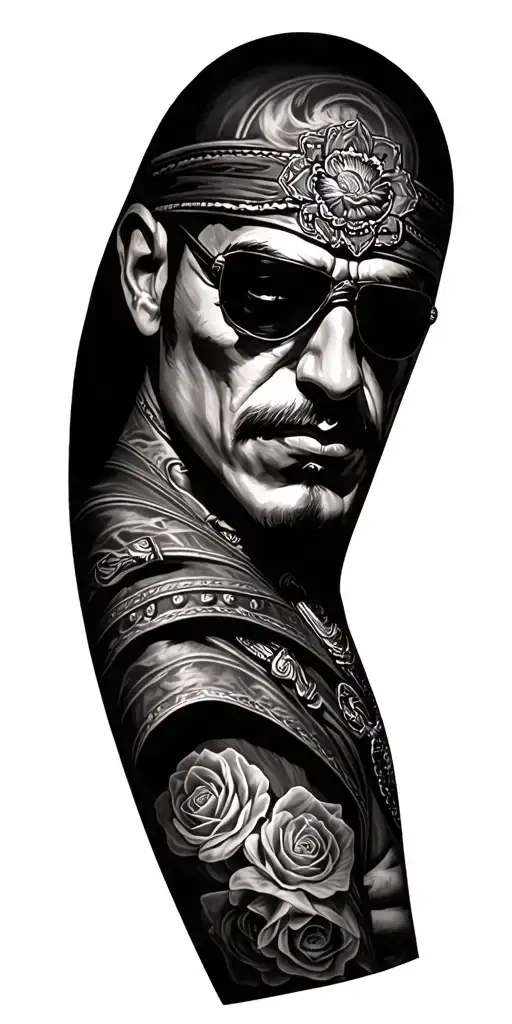 gangster Chicano sleeve tattoo with partial chest piece tattoo design idea