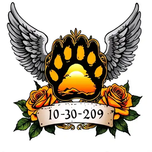Roman numerals 10-30-2009 and golden retiever paw print with angel wings around it and some roses and a sunset forearm tattoo design idea
