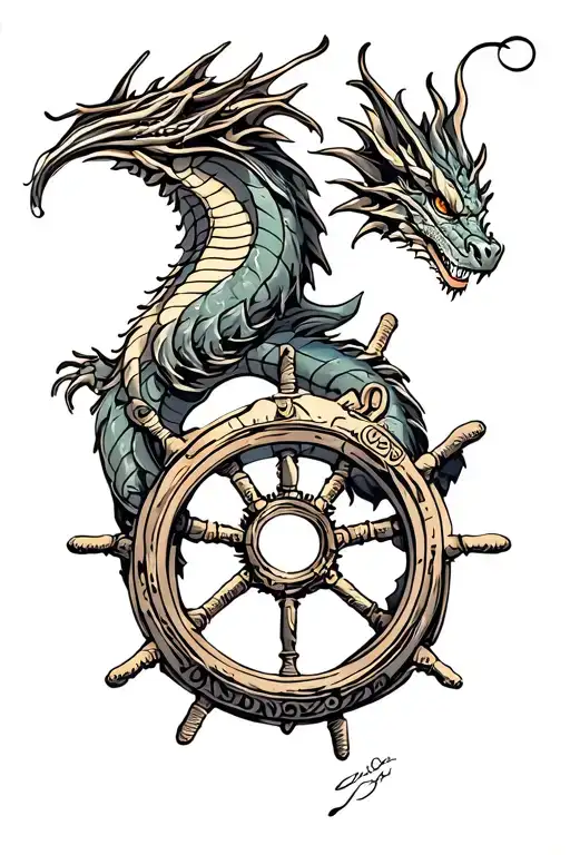 mechanical dragon wrapped around a ship wheel tattoo design idea