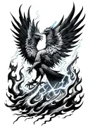 A dark and grunge depiction of a Phoenix rising from flames, with white lightning striking it, and negative space tattoo design idea