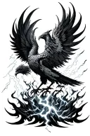 A dark and grunge depiction of a Phoenix rising from flames, with white lightning striking it, and negative space tattoo design idea