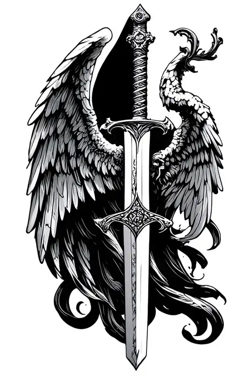 long sword with angel and demon wings on hilt tattoo design idea