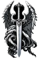 long sword with angel and demon wings on hilt tattoo design idea