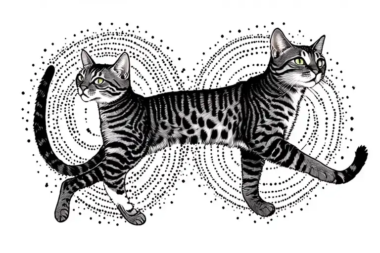 Bengal cats run around human legs creating magic circles tattoo design idea