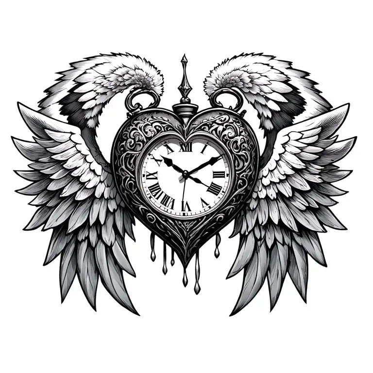 heart clock wing tattoo design idea