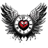 heart clock wing tattoo design idea