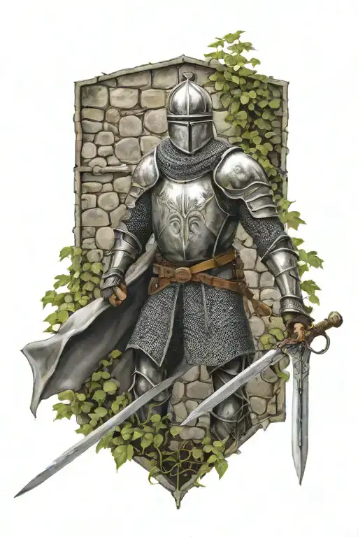 knight against a medieval cobblestone wall with creeping vines and his sword ready for battle tattoo design idea