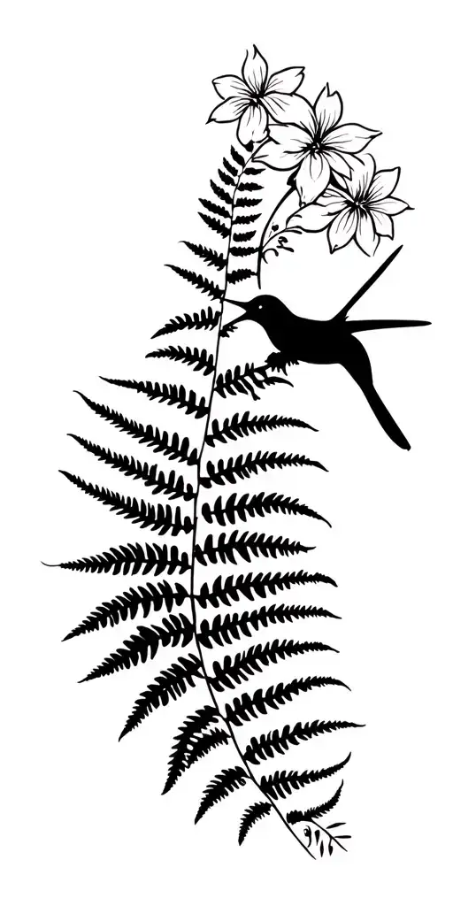 ferns and flowers with humming bird drinking  tattoo design idea
