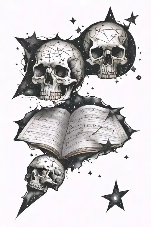 mountain, skull, constellation, music sheet tattoo design idea