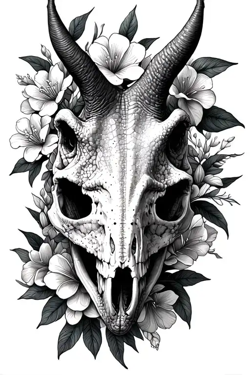 dinosaur skull triceratops and  Jasmine flowers tattoo design idea