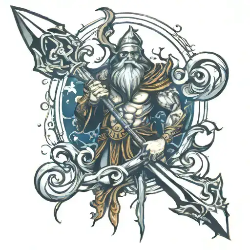 posiedon with trident emerging tattoo design idea