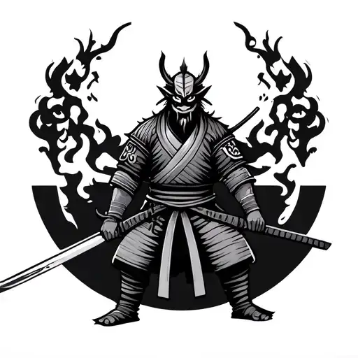 Samurai standing side ways, wearing a Oni Mask while holding his katana down tattoo design idea