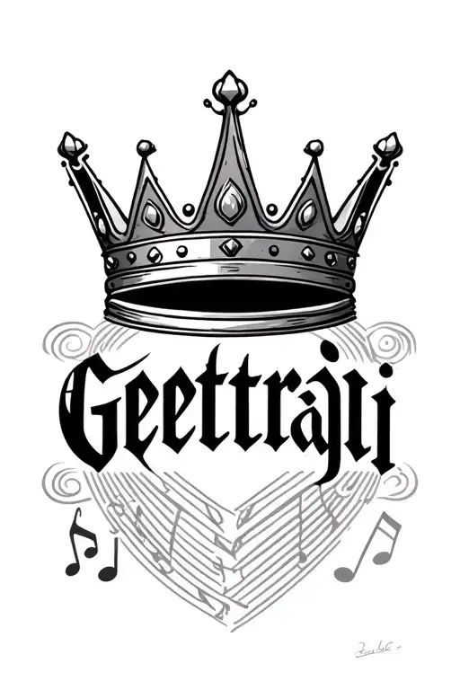 crown with some musical notes with geetraj small size name for men palm back side tattoo design idea