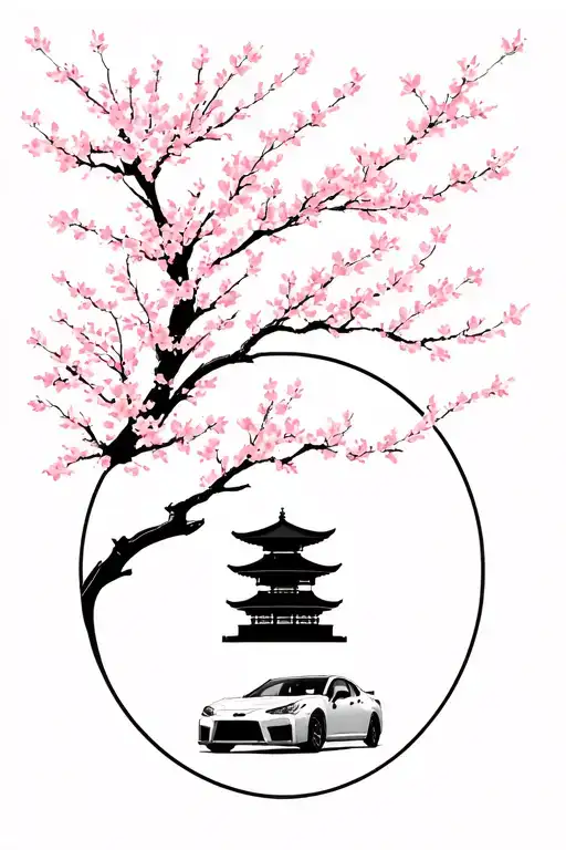 FRS driving under the cherry blossom. leaves falling and blend into afterlife COD symbol. samurai temple in background  tattoo design idea