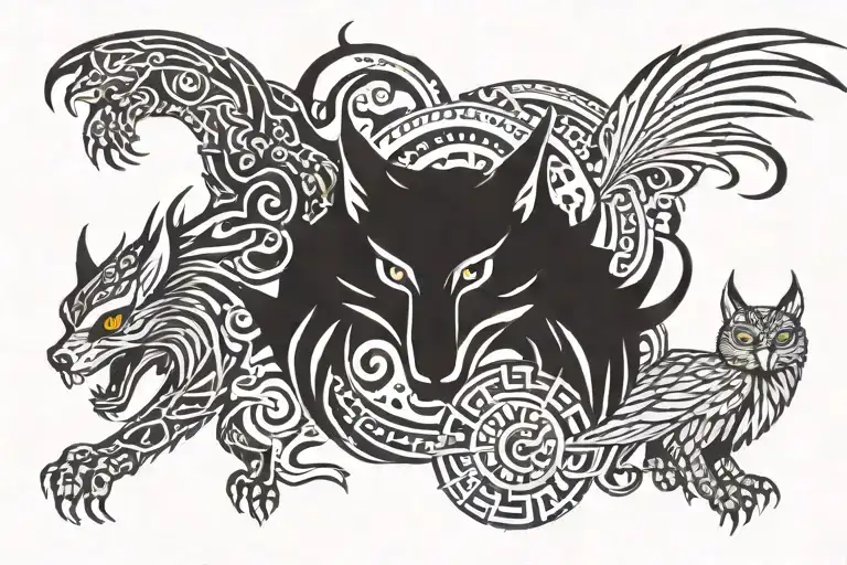 Owl Wolf dragon tiger fighting tattoo design idea