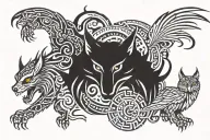 Owl Wolf dragon tiger fighting tattoo design idea