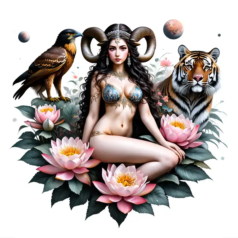sexy aries goddess surrounded by lotus and peony flowers growing with a hawk and a tiger with mars in the background  tattoo design idea