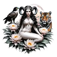sexy aries goddess surrounded by lotus and peony flowers growing with a hawk and a tiger with mars in the background  tattoo design idea