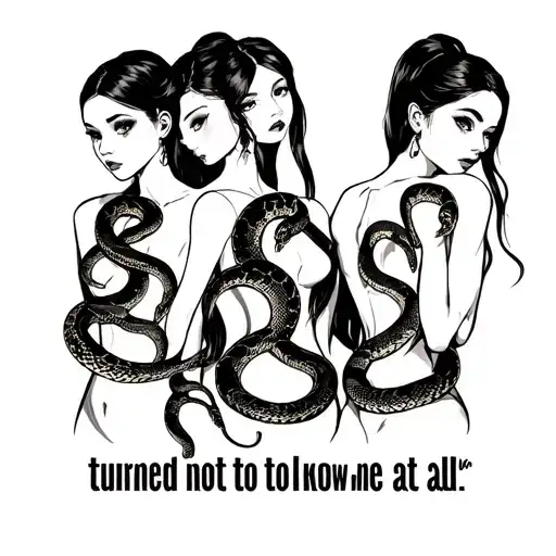 the text "turned out not to know me at all" with a group of 3 topless girl friends who are covered in snakes tattoo design idea