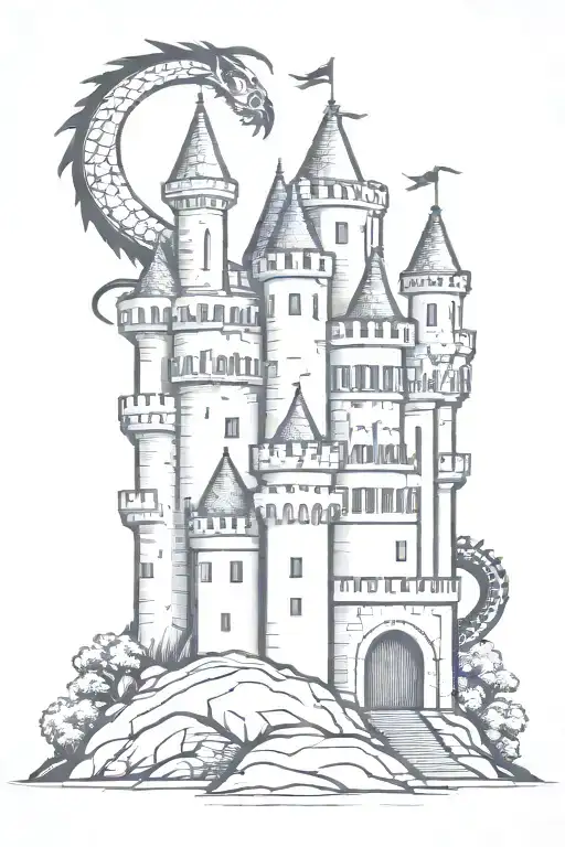 medieval castle with dragon tattoo design idea
