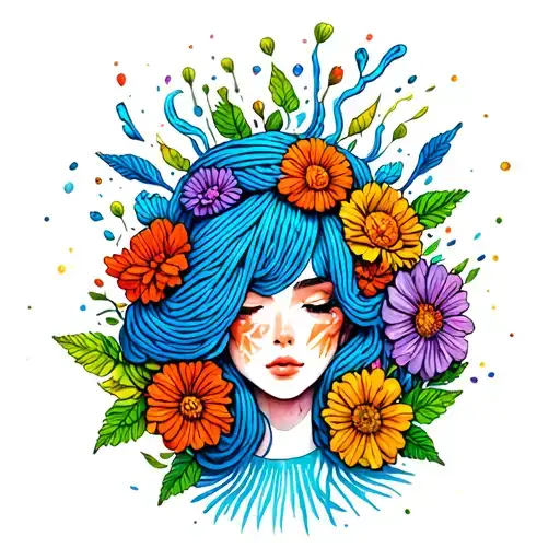 Female face with yarn exploding from top of head surrounded by flowers, predominantly blue and green. Watercolor style tattoo design idea