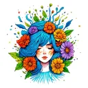 Female face with yarn exploding from top of head surrounded by flowers, predominantly blue and green. Watercolor style tattoo design idea