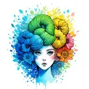 Female face with yarn exploding from top of head surrounded by flowers, predominantly blue and green. Watercolor style tattoo design idea