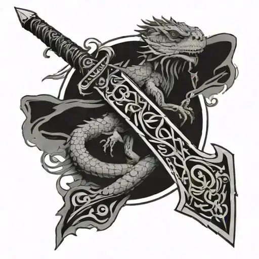 eerie dark gothic black  sword with runes stuck in the ground with bearded dragon on it tattoo design idea