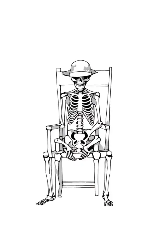Skeleton sitting on chair wearing a fisherman's hat. Chilling endlessly tattoo design idea