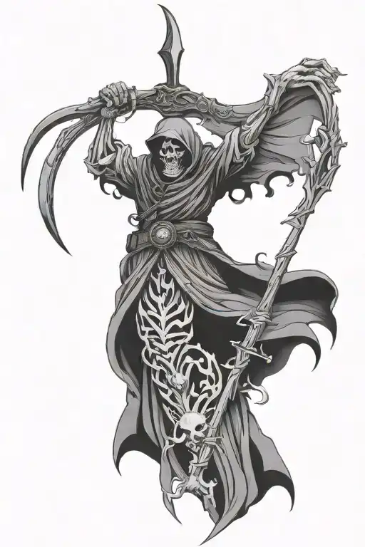 Grimm reaper with graveyard background black and white tattoo design idea