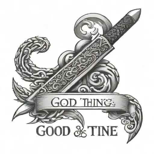Persian sword with the blade as the saying “good things take time” tattoo design idea