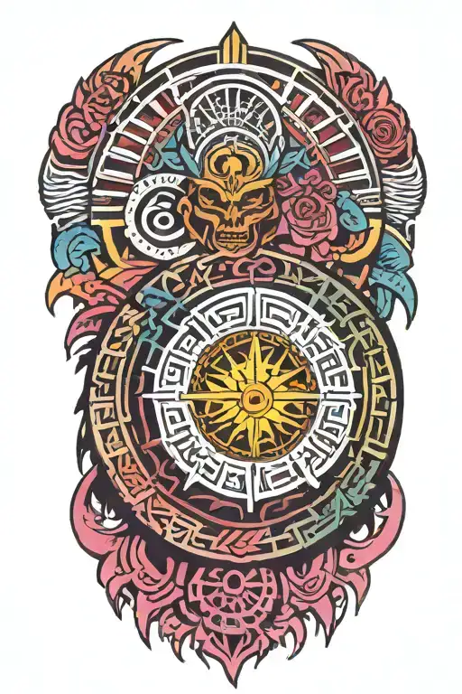 America, flag, aztec calendar interwoven tattoo design idea