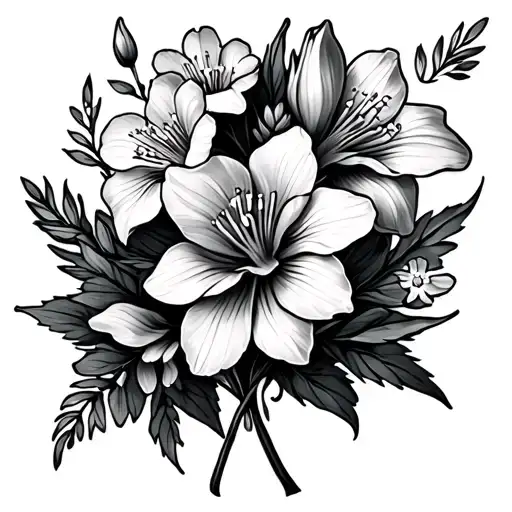 A filler tattoo for the inner bicep of forget me not flowers, sweet pea flowers, and freesias, in a masculine style tattoo design idea