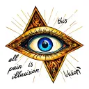 Sobriety symbol with the “blue third eye” inside the triangle, with text “all this pain is an illusion” written in Latin tattoo design idea